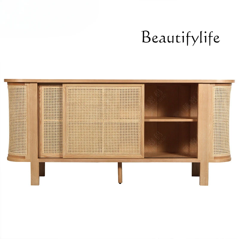 

Nordic medieval style solid wood rattan TV cabinet living room creative small apartment storage cabinet ins style