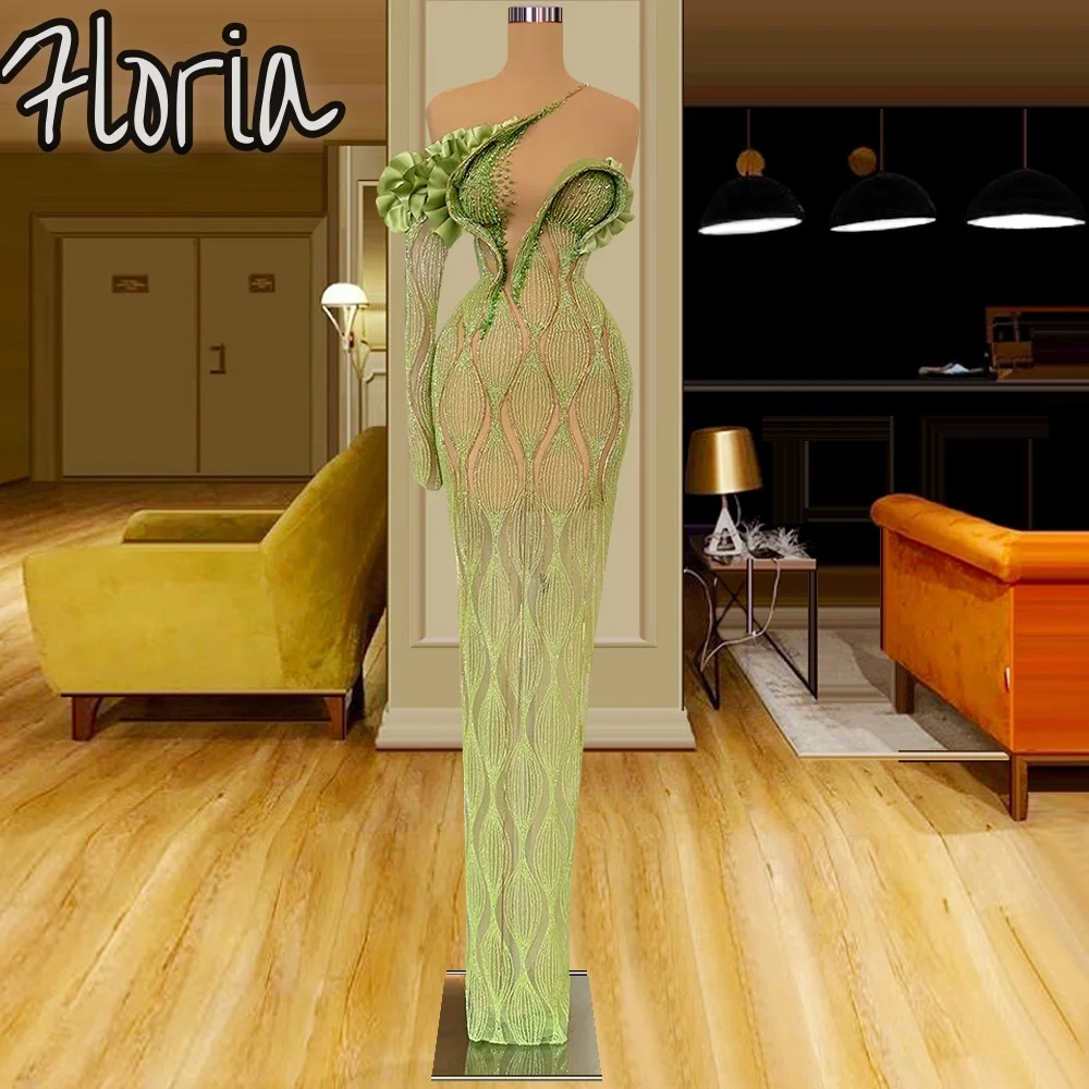 

Sexy Avocado Green Deep V-Neck Mermaid Evening Dresses One Shoulder Long Sleeves Crystals Formal Party Dresses vestidos de gala