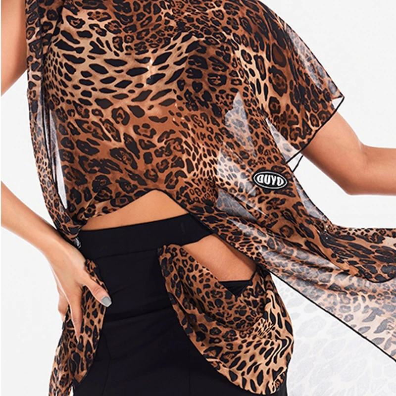 Tops holgados con estampado de leopardo, faldas huecas, traje, trajes de baile latino, Chacha, Rumba, Tango, vestido latino para adultos DN20269