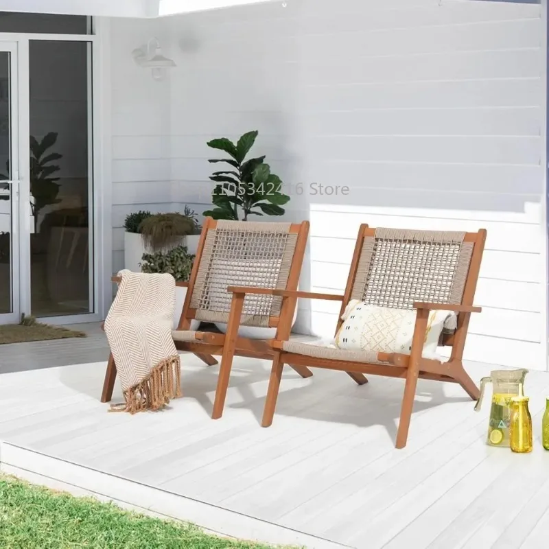 Set of 2 Modern Patio Lounge Chairs, Acacia Wood Accent Armchairs with Handwoven Rope for Patio Living Room Bedroom Balcony