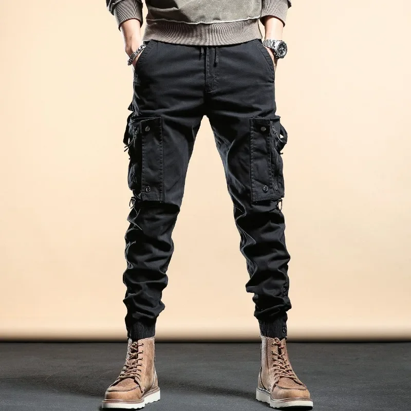 American Vintage Multi-pocket Cargo Pants Men Tide Brand Loose Straight Trouser Drawstring Wide Leg Casual Baggy Pants New