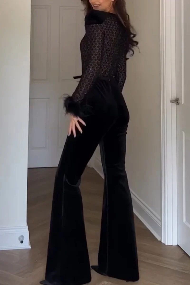 패션 벨벳 패치워크 점프수트 가을 의류 여성 긴팔 스팽글 플레어 팬츠 롬퍼 플레이수트 원피스 오버올