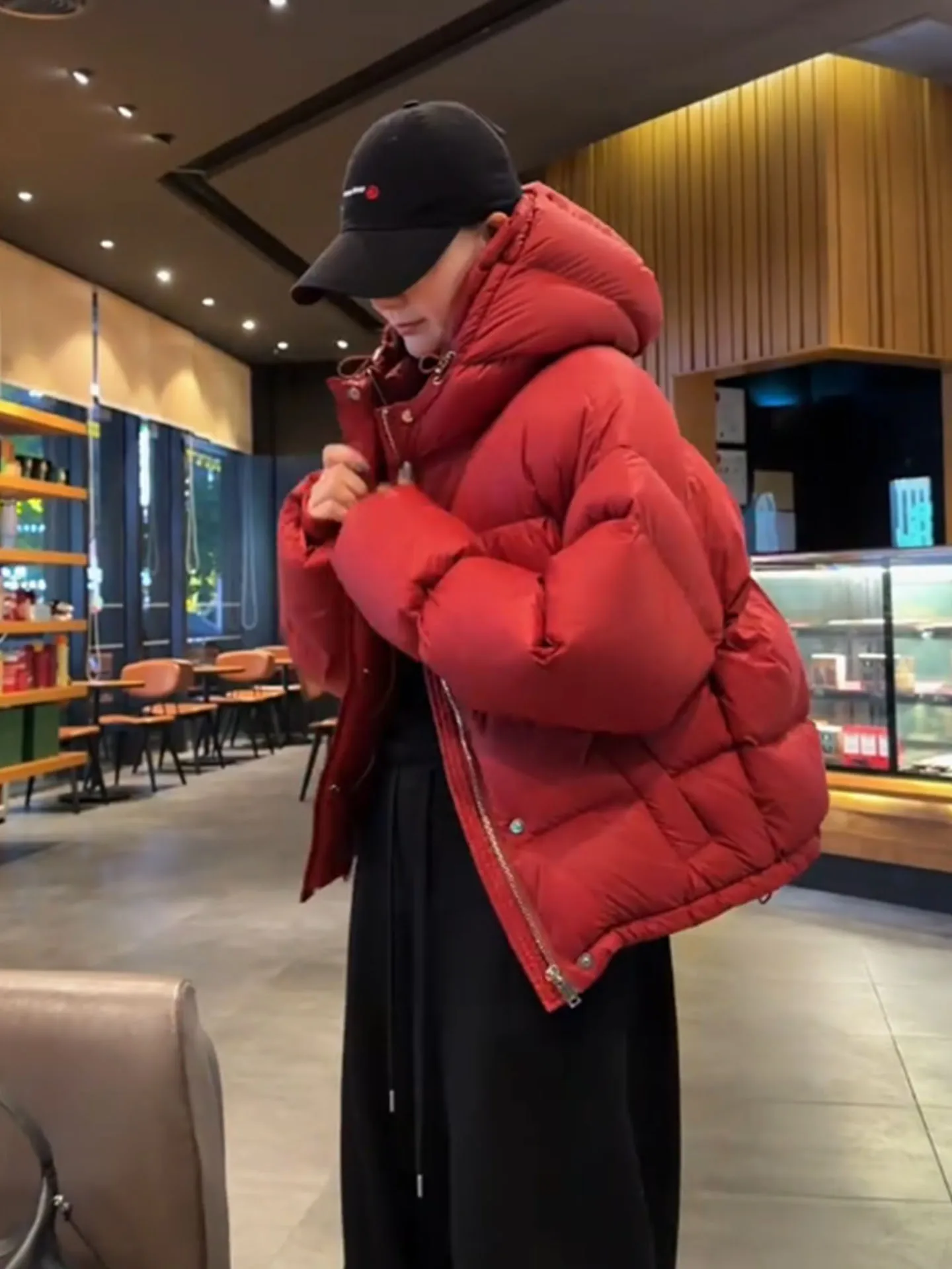 Faionable Red ort Puffer Jaet Women's Bread Sle Winter Coat Korean Version Regular Fit Polyester Fiber Warmth