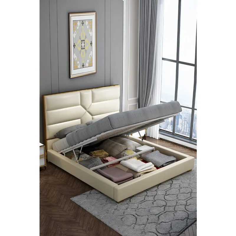 Double bed master bedroom storage soft bag small apartment modern minimalist leather wedding bed