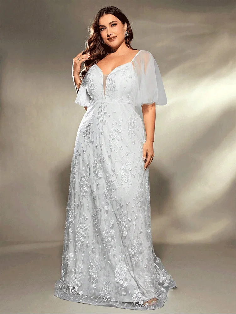 Plus Size Wedding White Short Sleeve Bridesmaid Embroidered Evening Dress 4xl 5xl Big Size White Wedding Evening Dress