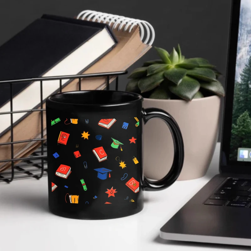 Ceramic mug black educational icon and book pattern is suitable for school and office use