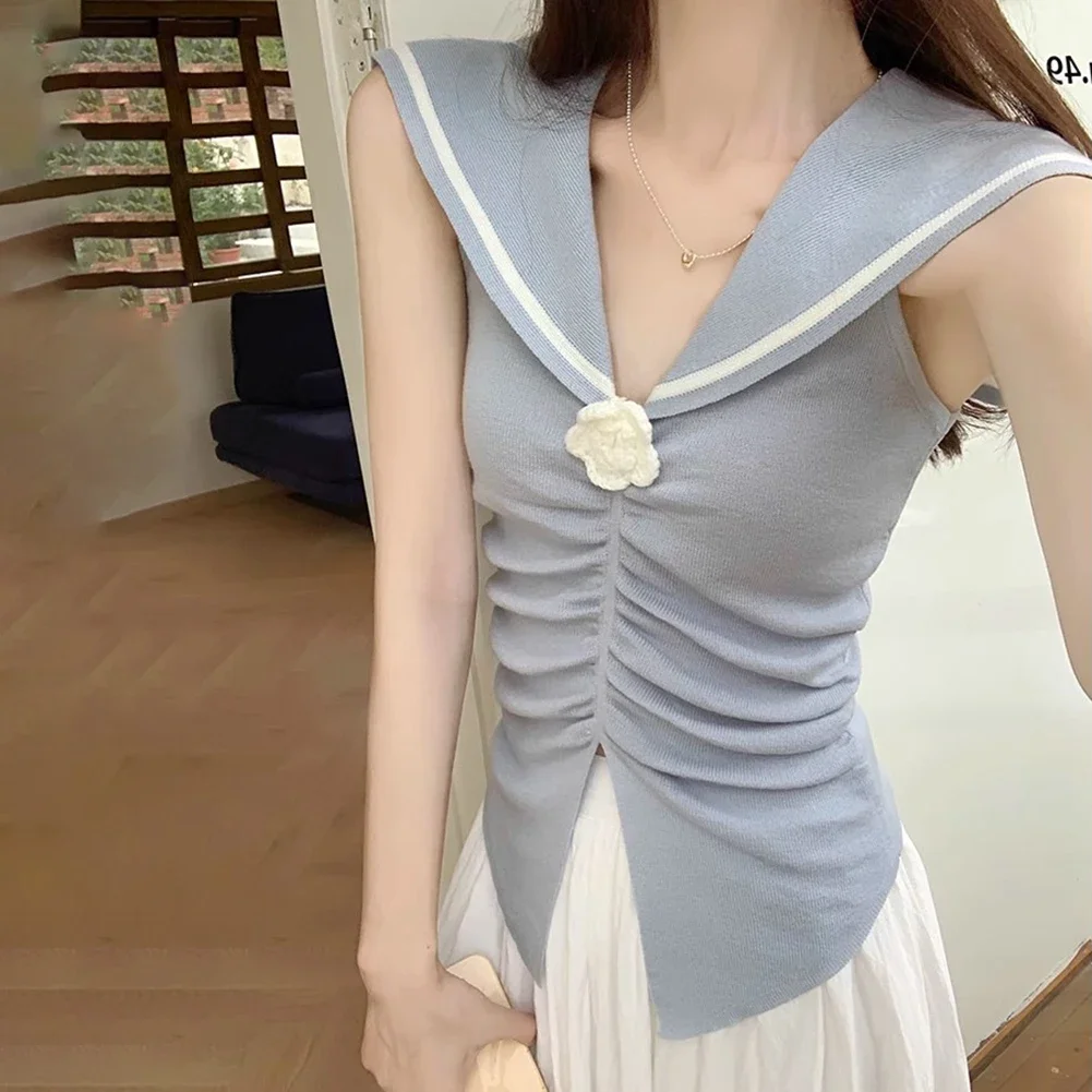

Sleeveless Knitted Vest Sailor-collared Vest Hot Girl Look Slightly Elastic Fabric Solid Color Design Suitable For Summer