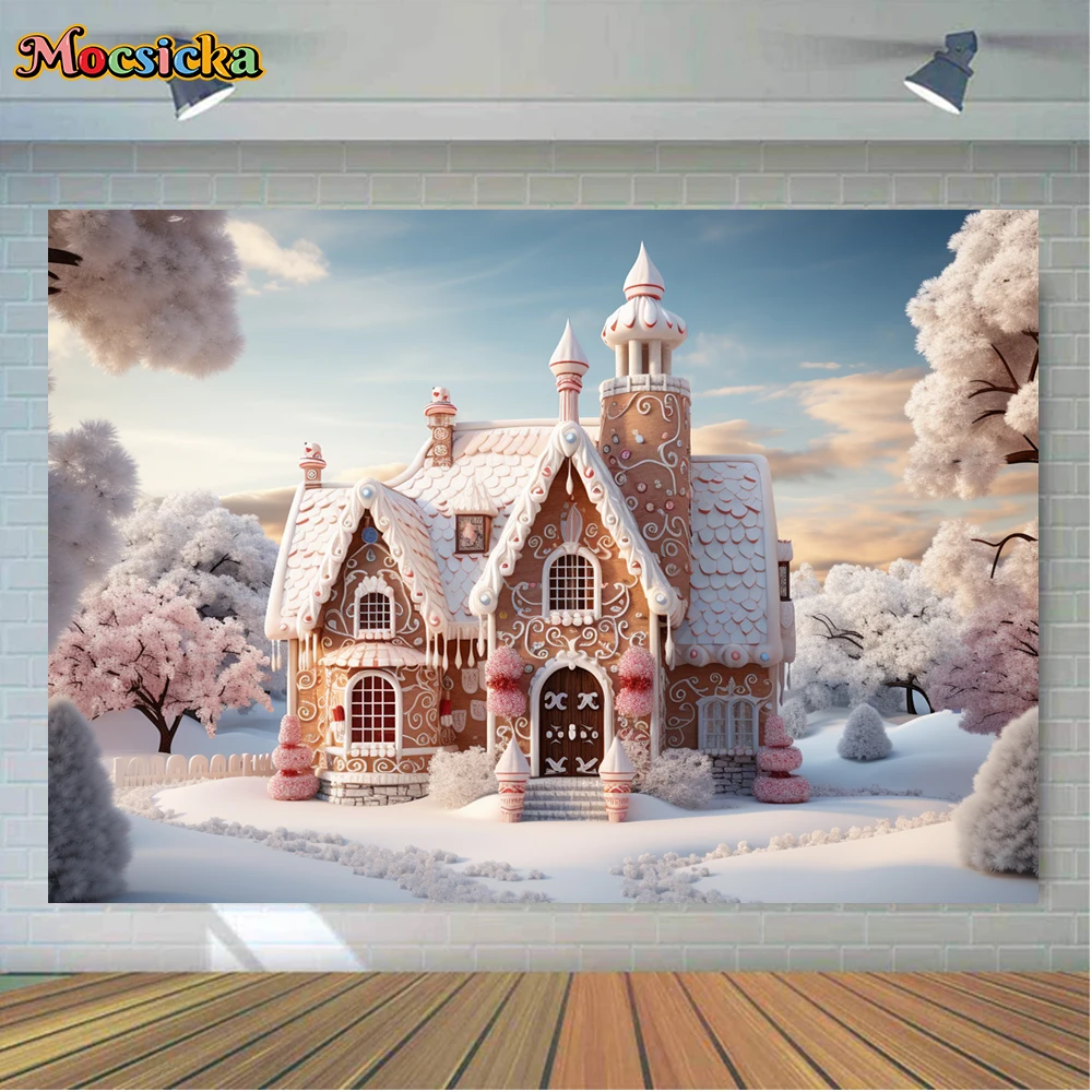 Mocsicka Winter Christmas Photography Background Pink Cottage Xmas Wreath Holiday Party Family Photo Backdrops Studio