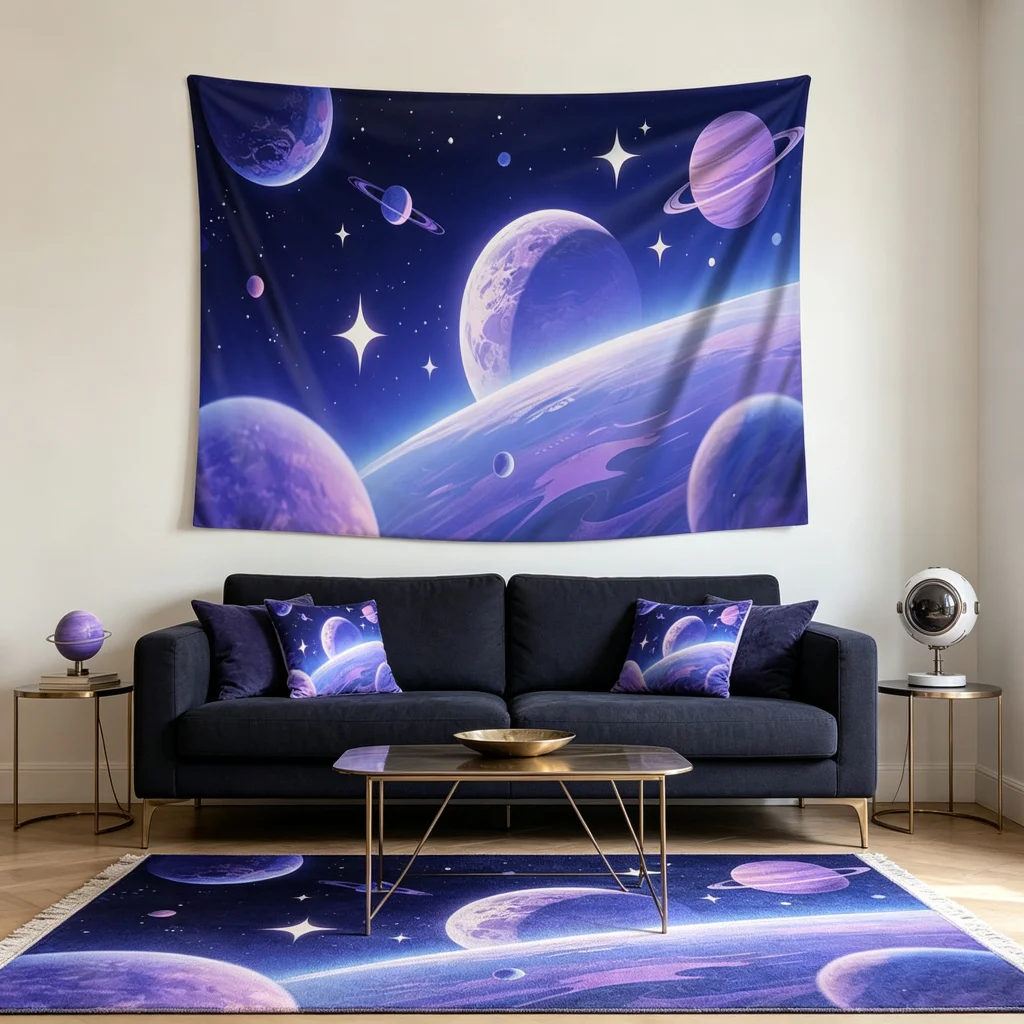1PC Purple Planet Art Print Backdrop Banner, Bedroom Living Room Photo Background, Polyester, Home Decor, Wall Art