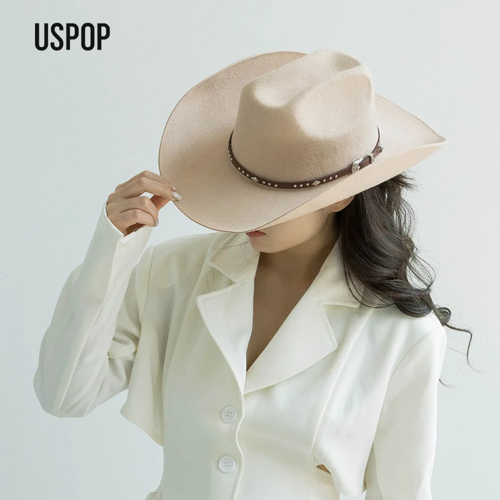 USPOP Wool Cowboy Hat with Studded Leather Band Wide Brim Western Fedora Outdoor Fashion Hat 4 Sizes for Men Women