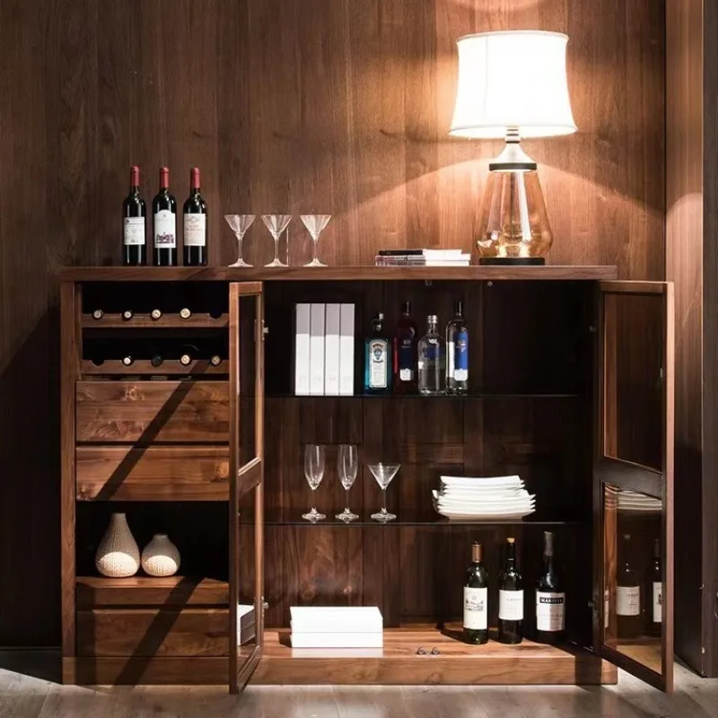 North American modern light luxury wine cabinet, household black walnut glass display side cabinet