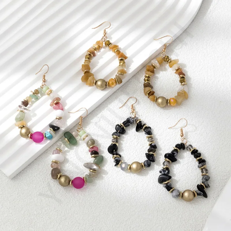 Crushed Stone Earrings Colorful Ethnic Temperament Round Hoop Earrings for Women