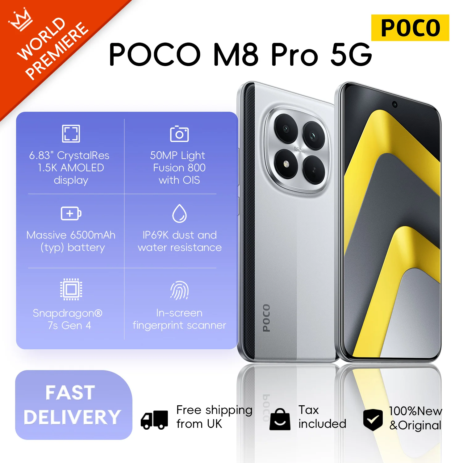 POCO M8 Pro 5G 8+256GB Global Version Snapdragon® 7s Gen 4 6.83" CrystalRes 1.5K 120Hz AMOLED display 50MP Camera 6500mAh 100W