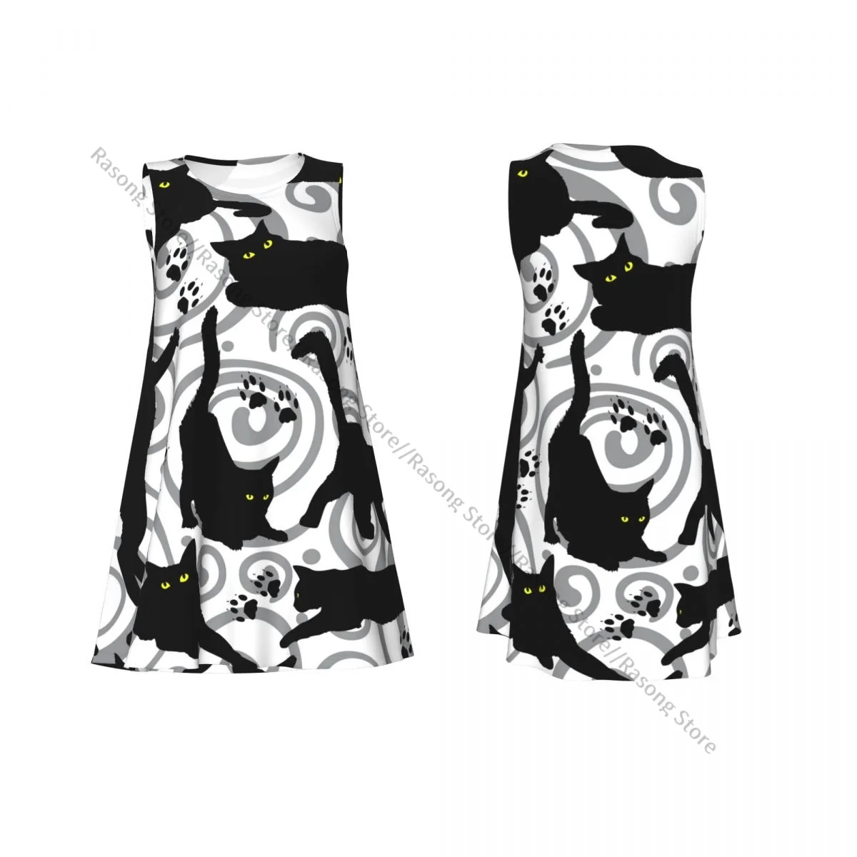 レディースドレス黒猫柄夏カジュアルTシャツビーチカバーアップタンクドレス