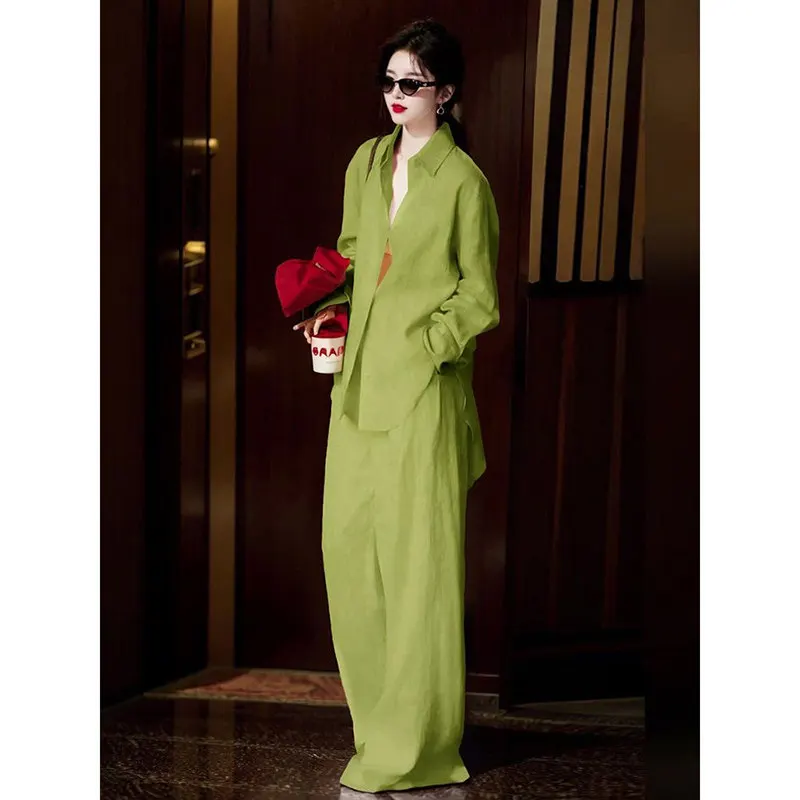 

Fashion Suit Women's 2026 Spring and Autumn Season New High-end Green Shirt Casual Wide Leg Pants Two-piece Set