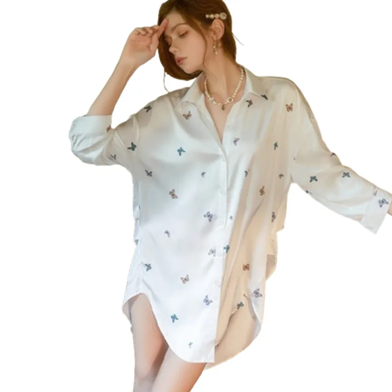 

Оптовая продажа: Новая женская сексуальная прозрачная ночная сорочка с длинным рукавом, стильная ночная одежда в стиле бойфренд, летнее домашнее платье