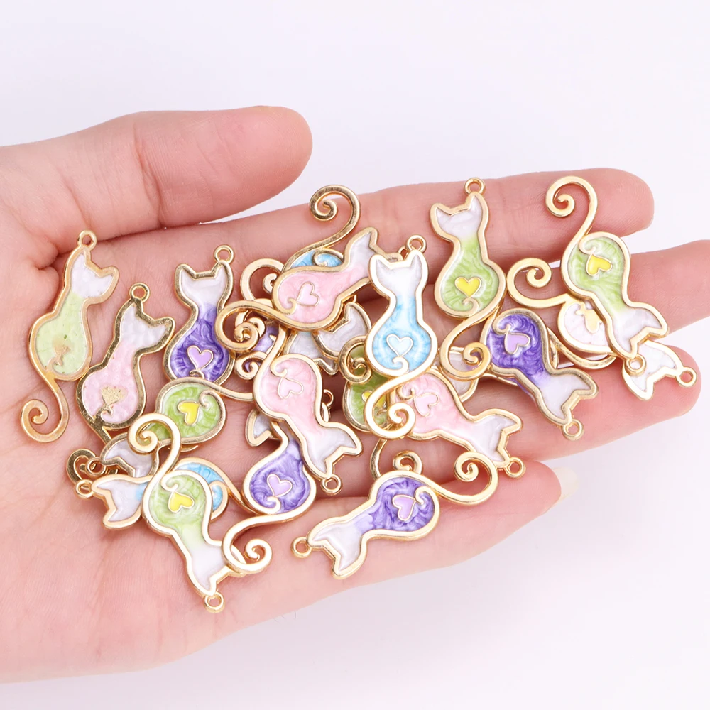 10Pcs Lovely Enamel Heart Cat Charm for Jewelry Making Kawaii Animal Earring Pendant Necklace Accessories Diy Craft Supplies