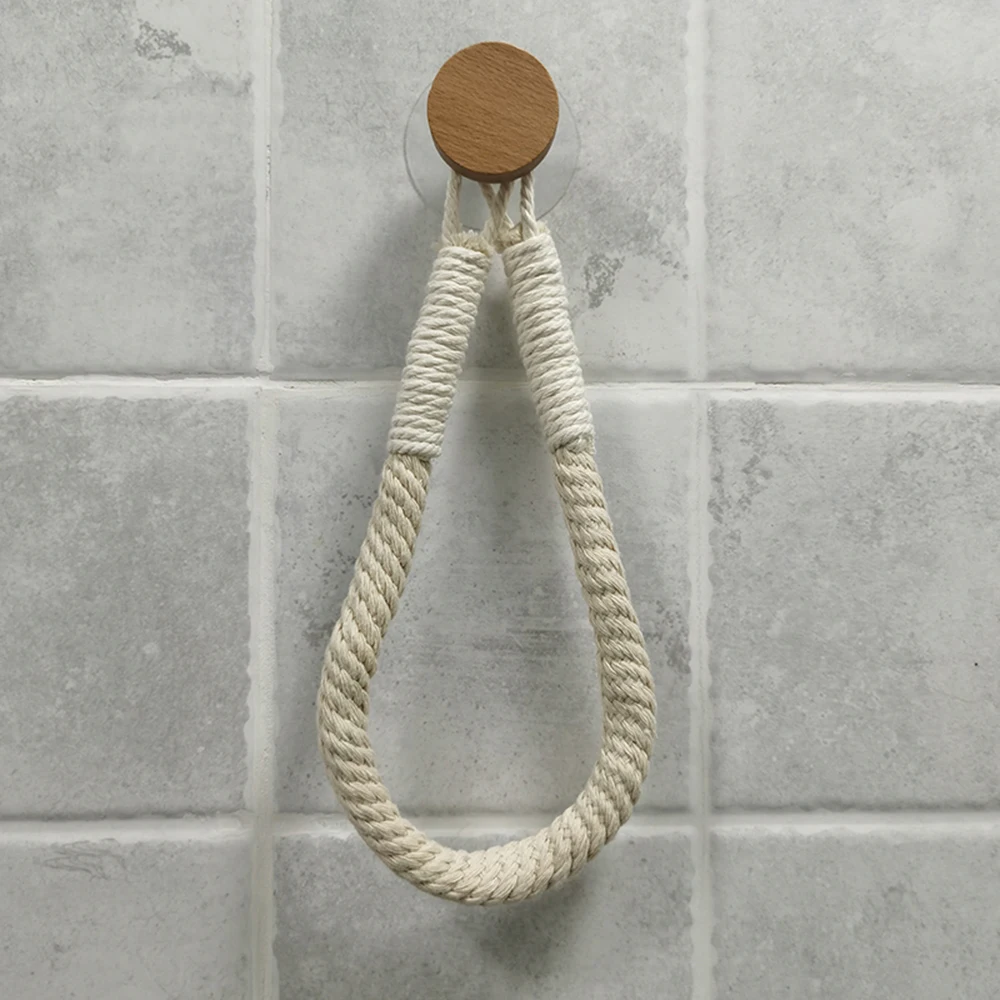 Hemp Rope Paper Towel Holder Solid Wood Cotton Rope Woven Storage Towel Rack Storage Rack Creative Punch-free Paper Roll Holder