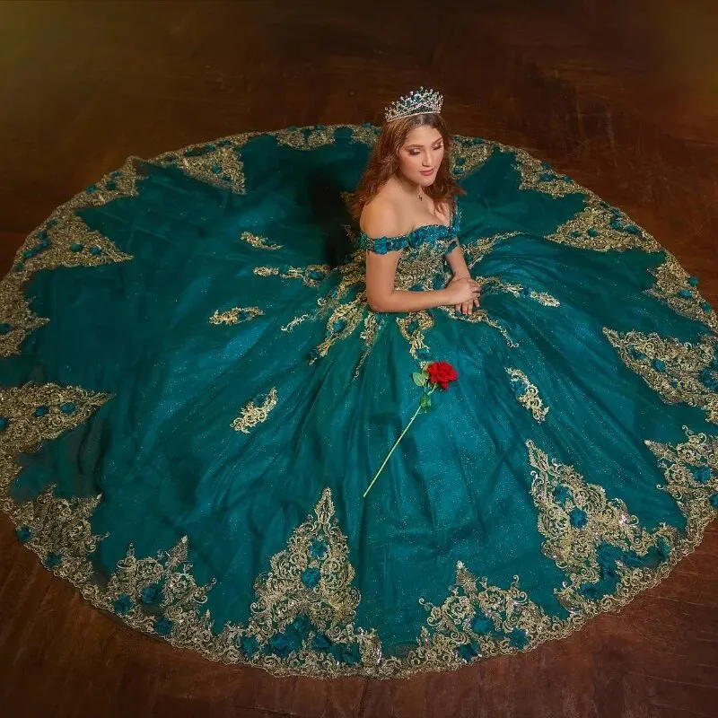 Vestido de fiesta plisado con hombros descubiertos, verde brillante, vestido para quinceañeras, apliques dorados, corsé de tul con cuentas de encaje personalizado