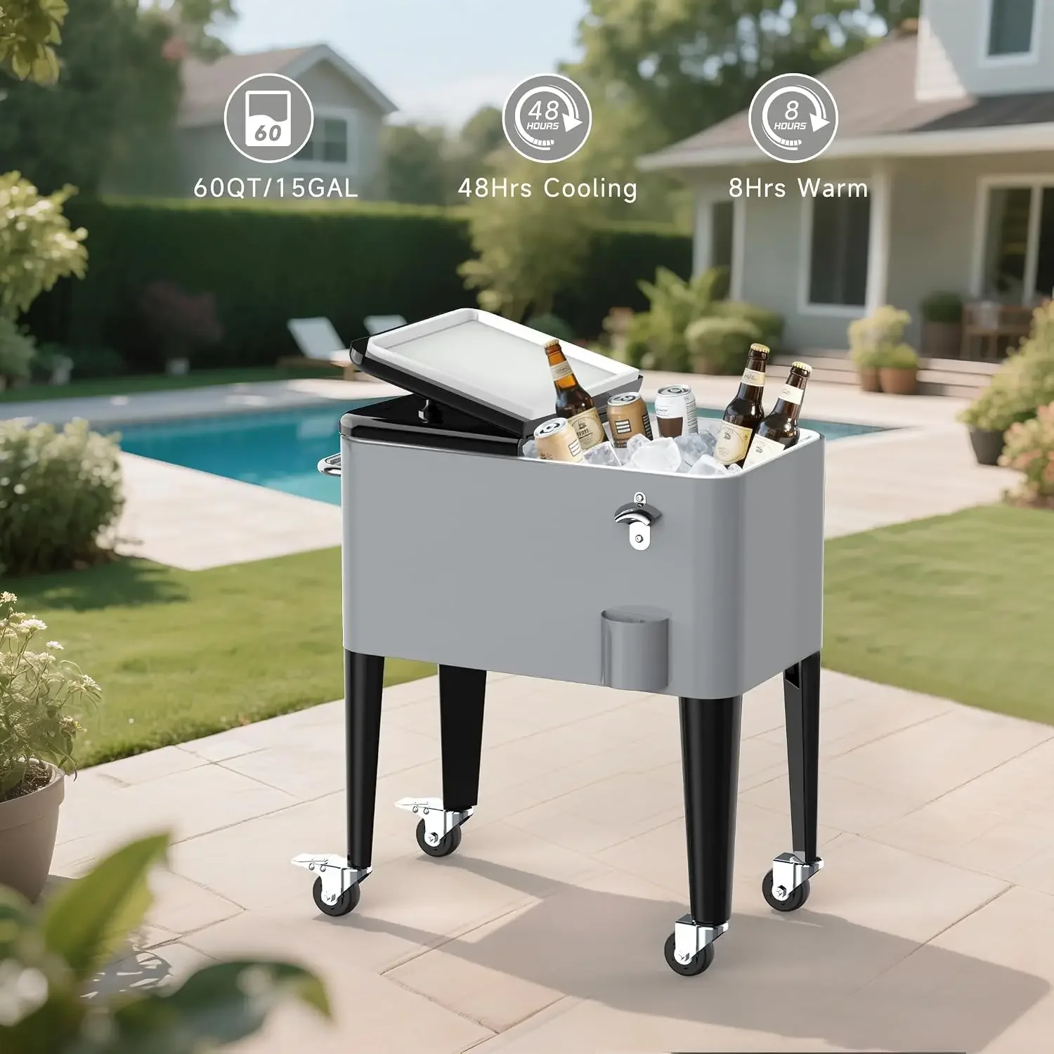 Ice Chest with Wheels, 60 Quart Portable Rolling Cooler with Bottle Opener & Cap Collector & Bottom Storage Tray for Patio