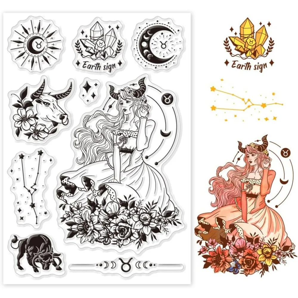 Taurus Constellation Woman Clear Stamps for Cards Making Crescent Flower Crystal Silicone Clear Stamp Seals Transparent Stamps