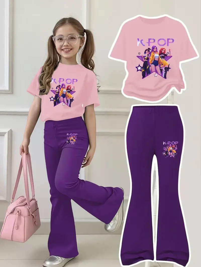 Cool Pink and Purple Outfit for Girls Aged 4-12: Short-Sleeved T-Shirt and Flared Pants! Pink T-Shirt with a Vibrant Girl Group Illustration—3 Stylish Girls on a Starry Background, Purple 