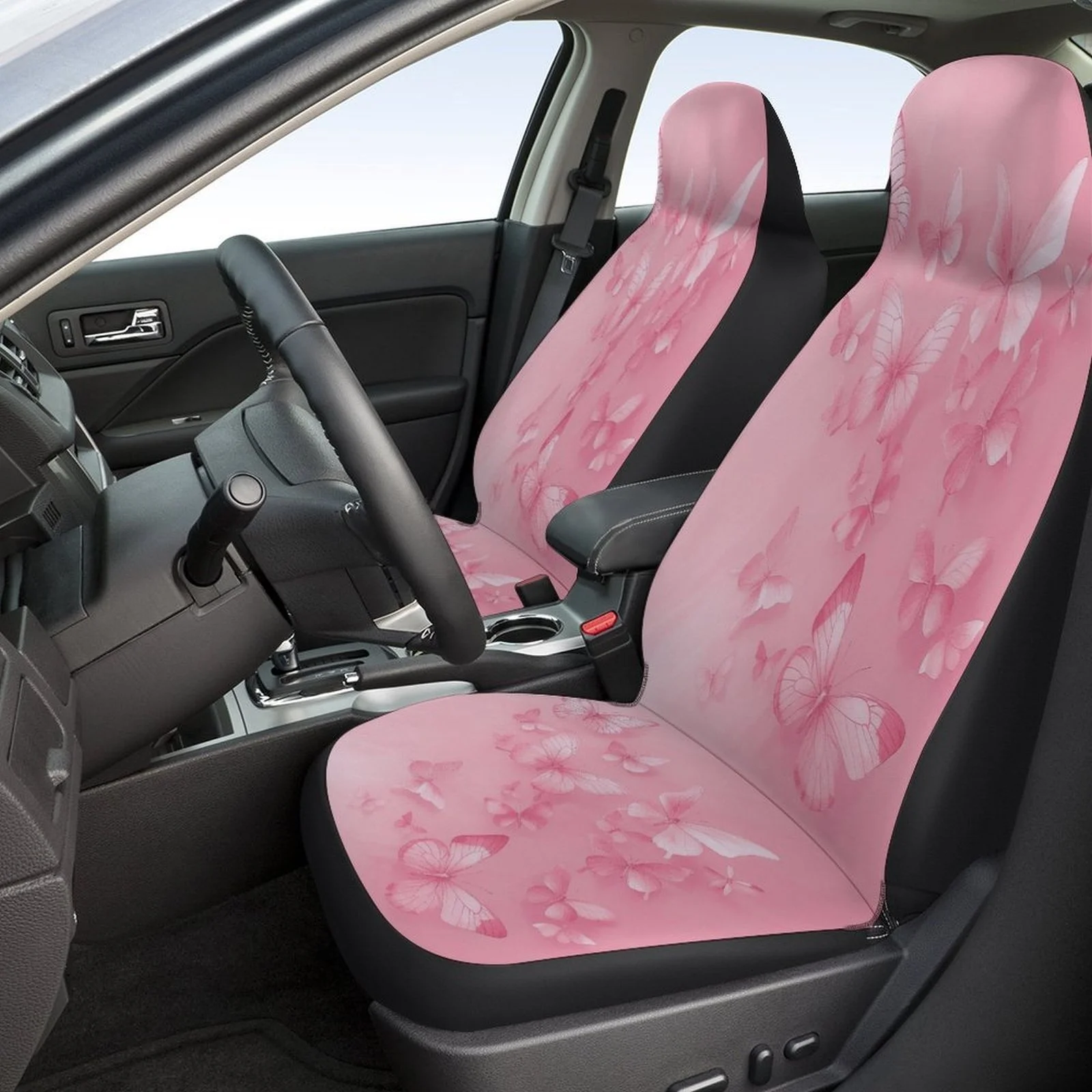 Set Of Car Seat Covers Featuring Pink Butterflies, Stylish And Unique, Suitable For Most Vehicles. Complete Set Includes Covers
