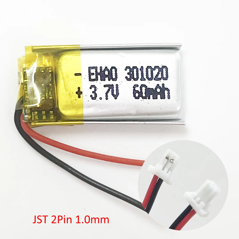 3.7V 60mAh Lithium Polymer LiPo Rechargeable Battery 301020 with JST 2Pin 1.0mm Plug For Mp3  Bluetooth Headset Speaker 3D Glass