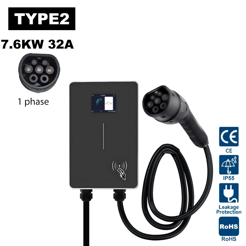 JIGU 7KW 32A 1Phase EV Charging Station Type2 IEC62196-2 Electric Vehicle Car Charger 7.6KW EVSE Wallbox WIFI APP Control