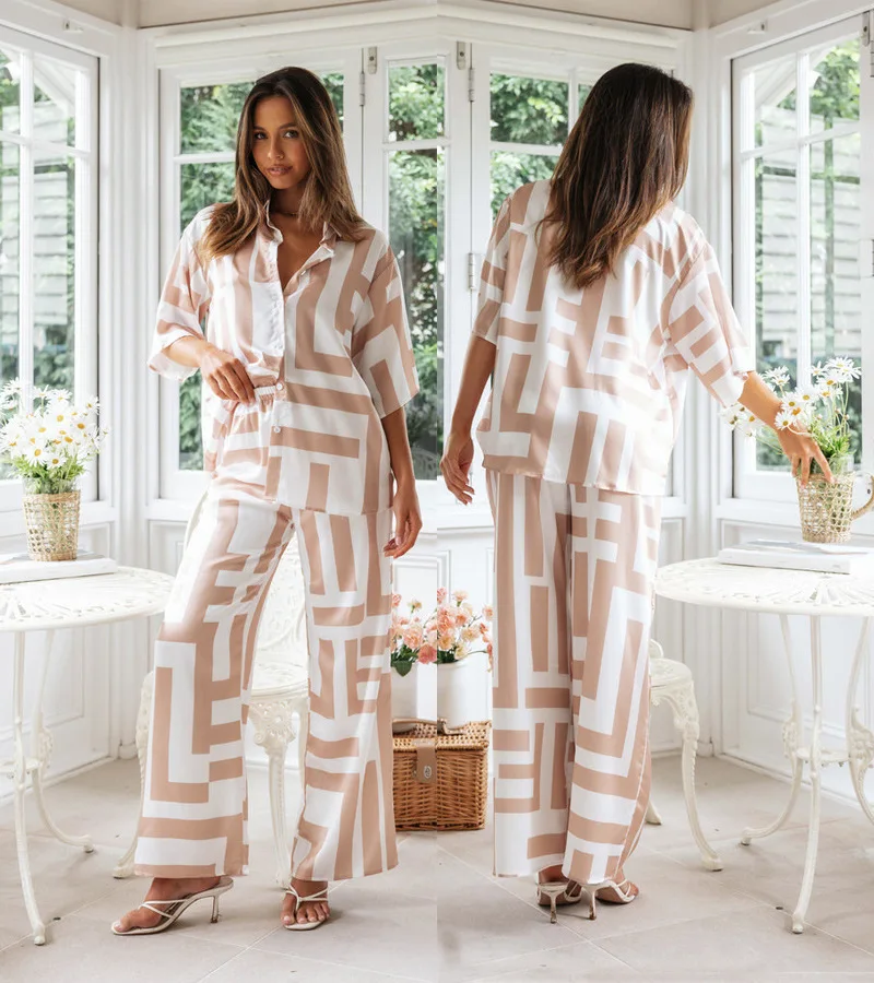 

2023 Summer Two Piece Pant Sets Women Elegant Casual Suit Loose Geometric Print Shirt Tank Top Wide Leg Pants Office Lady