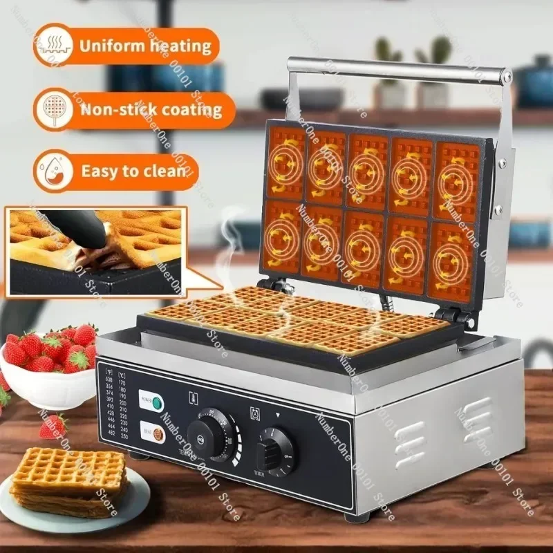 HAOYUNMA Commercial Rectangle Waffle Maker -10pcs Nonstick Electric Waffle Maker Machine Stainless Steel 110V Temperature