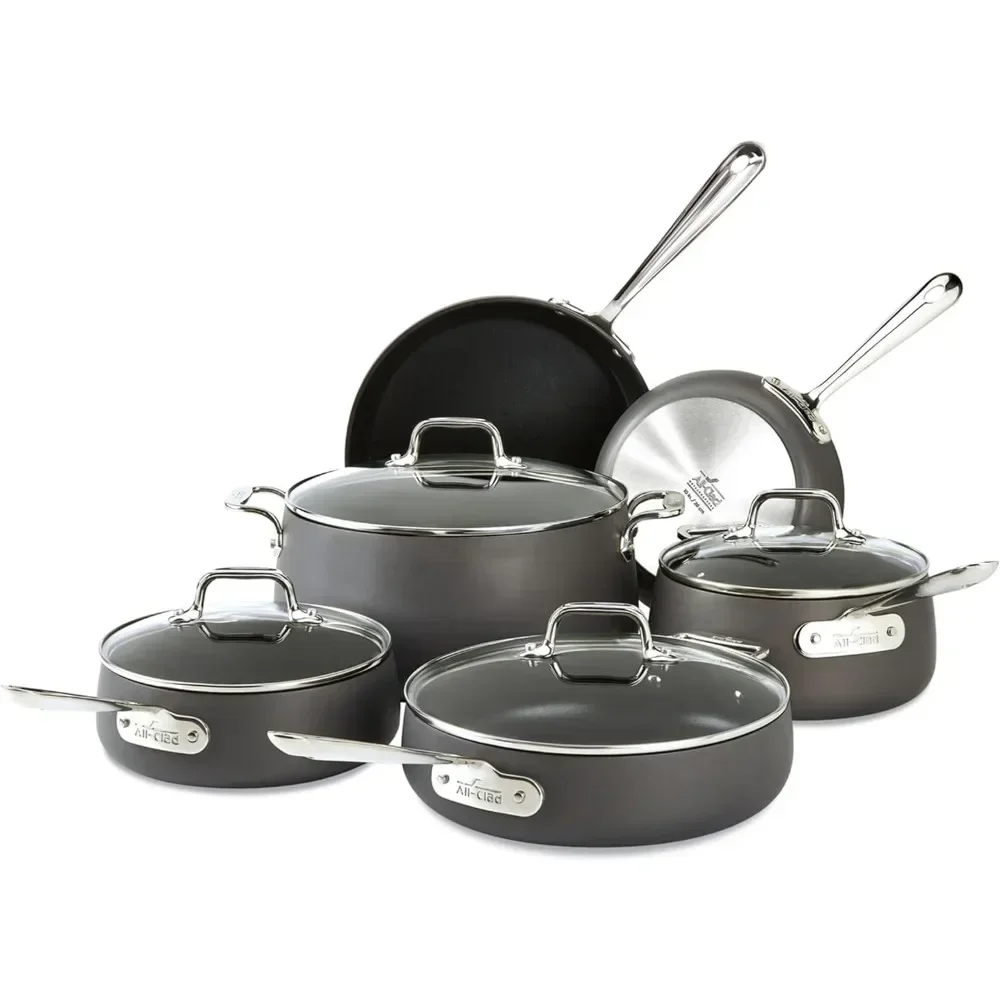 

10 Piece Cookware Set, Hard Anodized Non Stick Pot Set, Cover Safe 350F Black Pot and Flat Bottomed Pot, Cookware Set