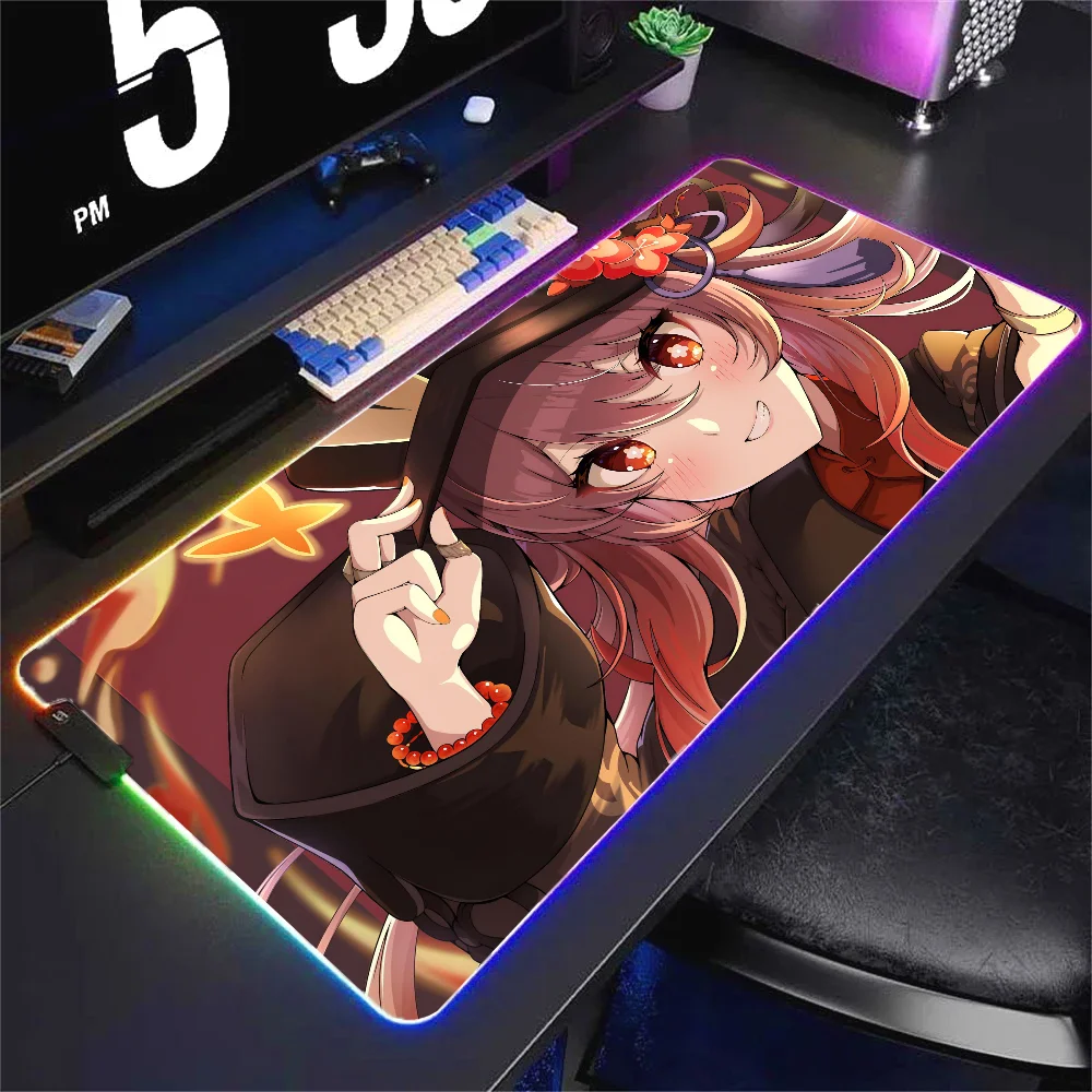 Hutao Genshin Impact Mousepad XXL RGB Gaming Mouse Pads HD Black Gamer Accessories Large LED