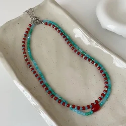 Minar Retro Red Blue Contrast Color Natural Stone Cubes Beaded Necklace for Women Wholesale Silver Chain Beads Strand Chokers
