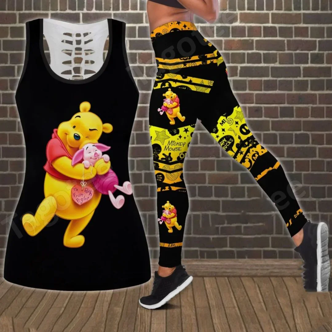 Disney Winnie the Pooh Women's Hollow Tanktop Leggings Yoga Set Summer Fitness Leggings Tracksuit Cutout Tank Top Leggings Set