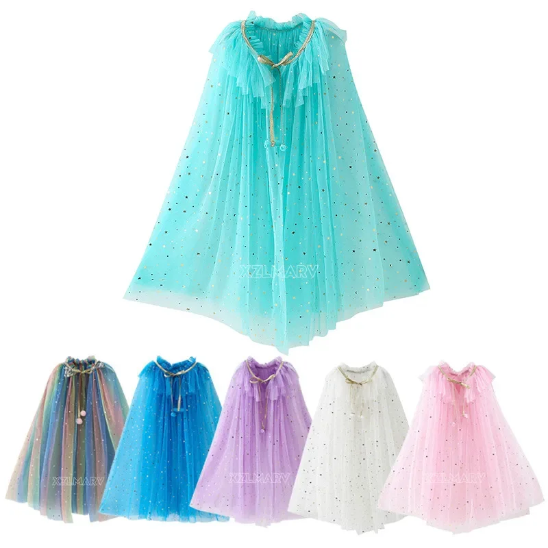 Summer Girl Princess Party Accessories Cloak Snow White Colourful Costume Cape Rapunzel Aurora Sequins Tulle Halloween Mantle