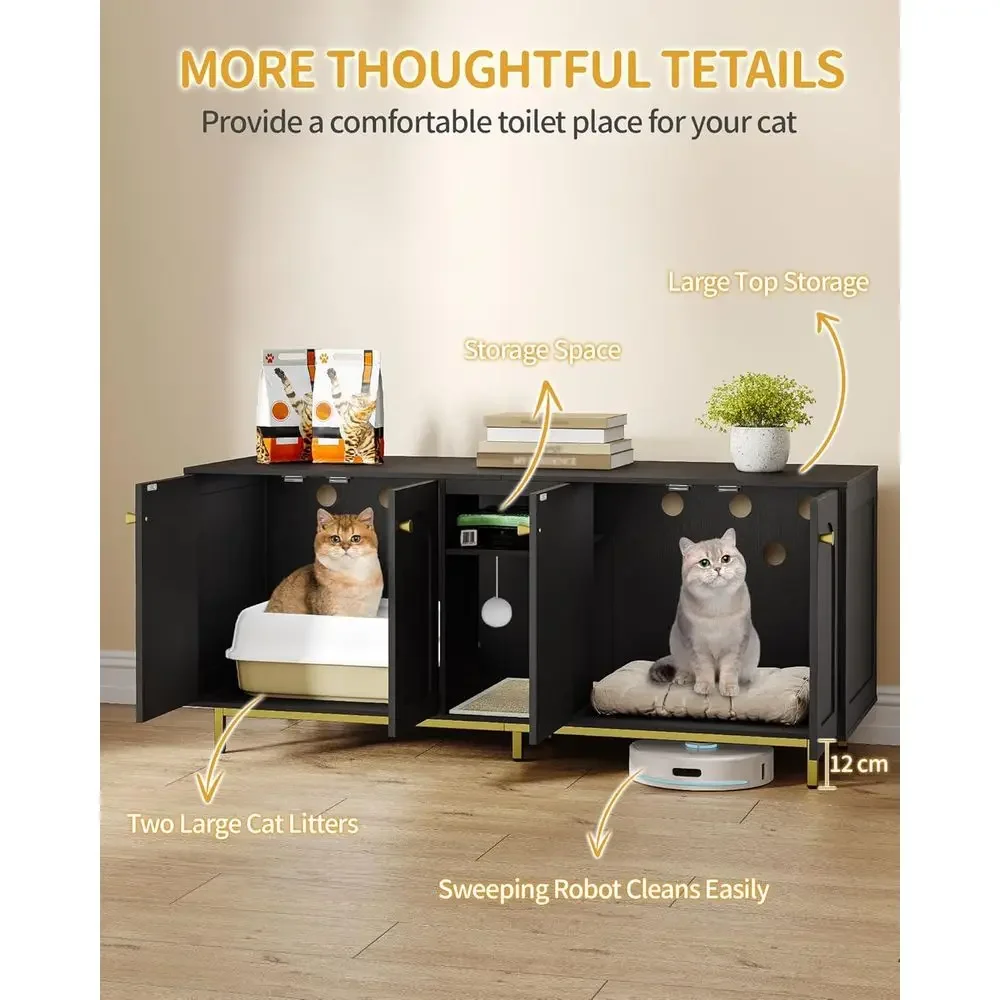 Wooden Cat Litter Box Enclosure, Dual-Cat Side Table, Storage Cabinet Bench for Living/Bedroom, 55.2x20x23.9, Black & Gold - view 5
