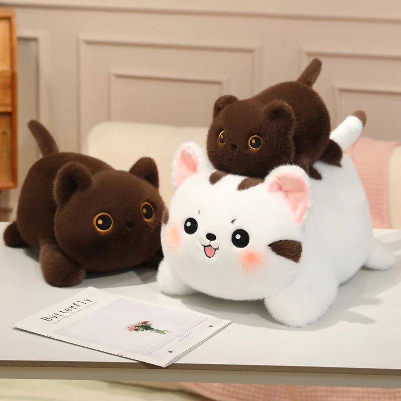 Image of Katzen-Plüschtier Weiß-Braun Weiche Abgerundete Figur Schlafzimmer-Deko Plüsch für Schreibtisch Regal Zimmer-Dekoration Sammlerstück Geschenk