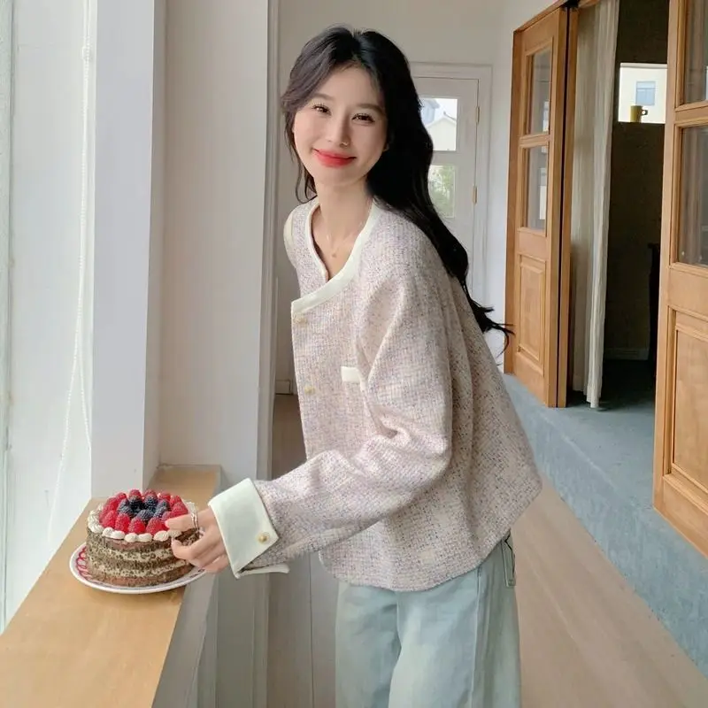 Design Vintage Tweed Jacket Women Short Jacket Spring Autumn Coat Sweet Trend Long-sleeved Top Single-breasted Office Lady Coat