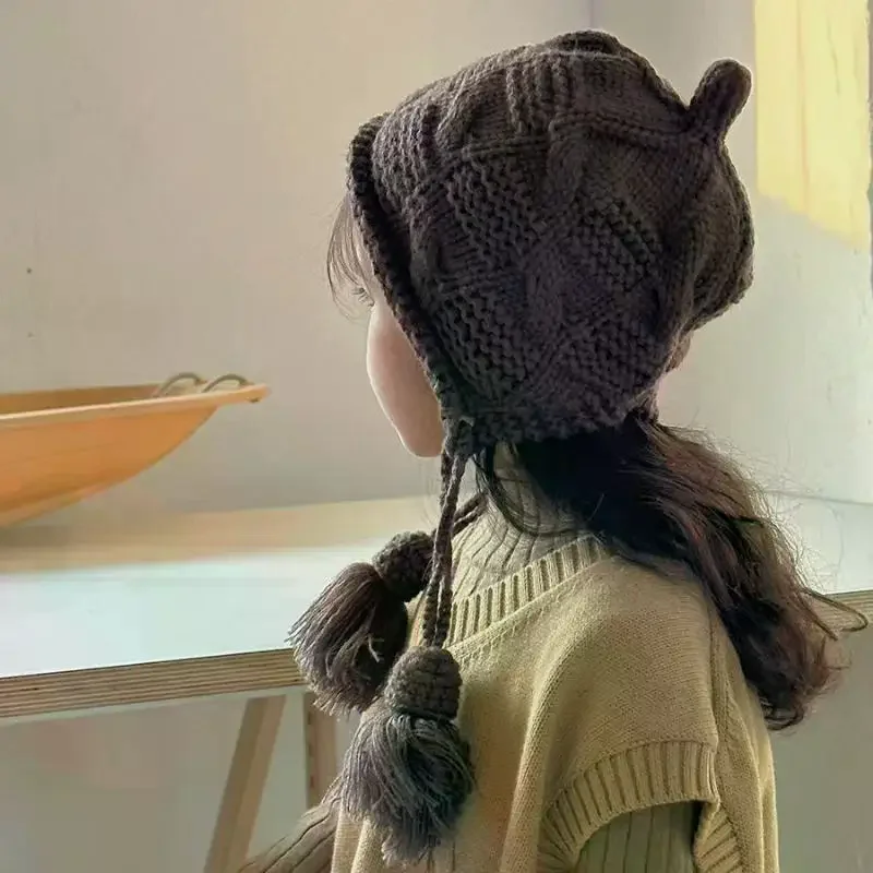 قبعة صوفية بغطاء للرأس للأطفال؛ برباط شرابة، تصميم من الصوف المحبوك المقاوم للرياح؛ مثالي للخريف والشتاء. #2