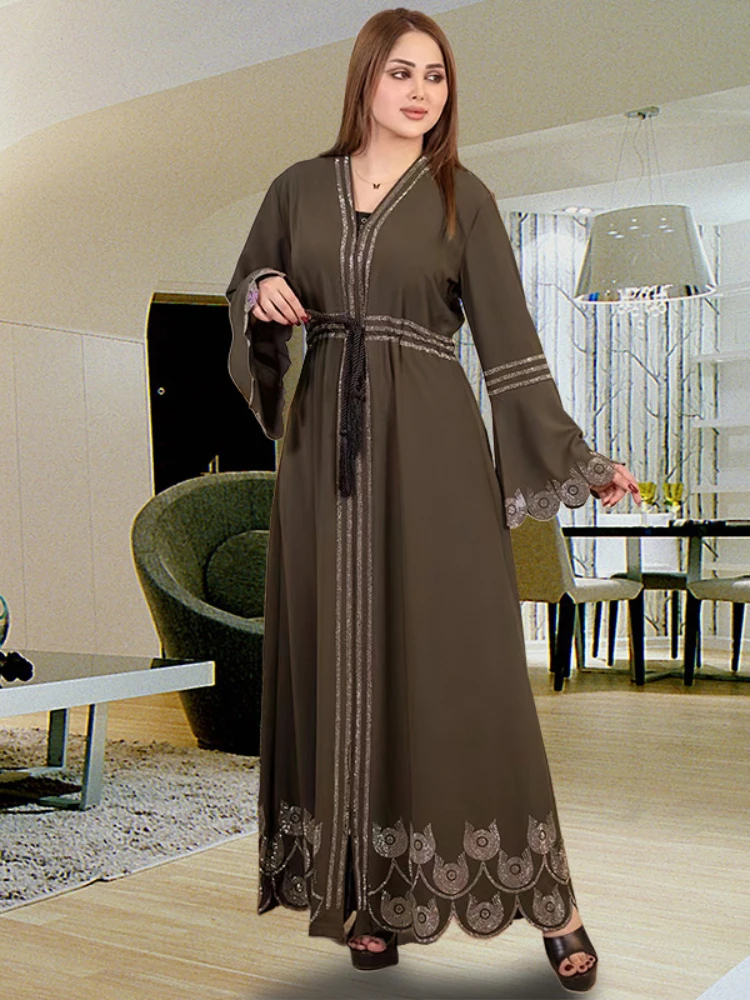 Robe de Soirée Musulmane pour Femme, Manches Évasées, Diamant, Ramadan, Abaya, Ceinture, Caftan Marocain, Robe Éducative, Largos Dubaï, Jalabiya, 2024