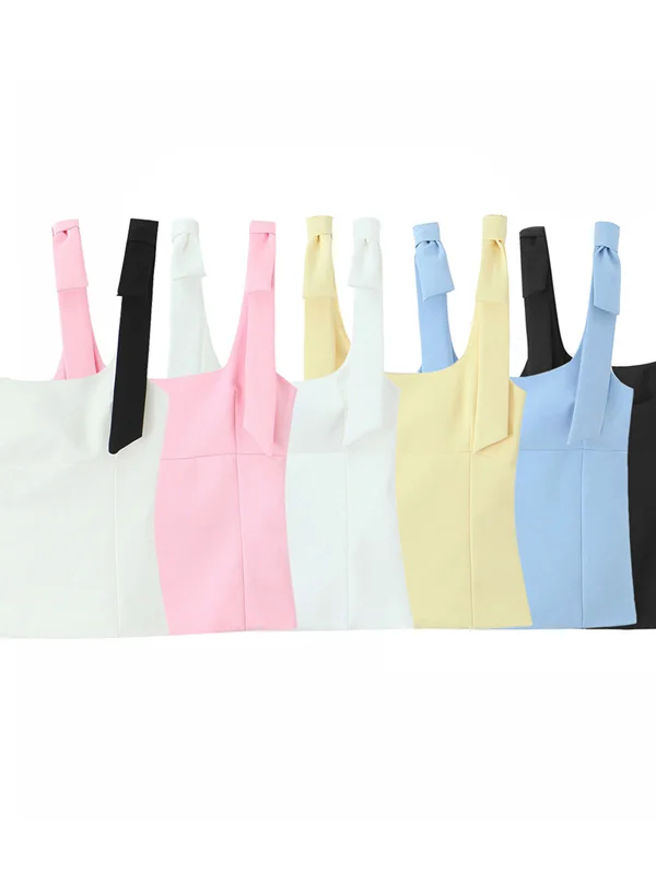 Top doce e suave com gola quadrada decorada com nó da série Spring da Jiangsu Warehouse Light Spring Sle Feminino F...