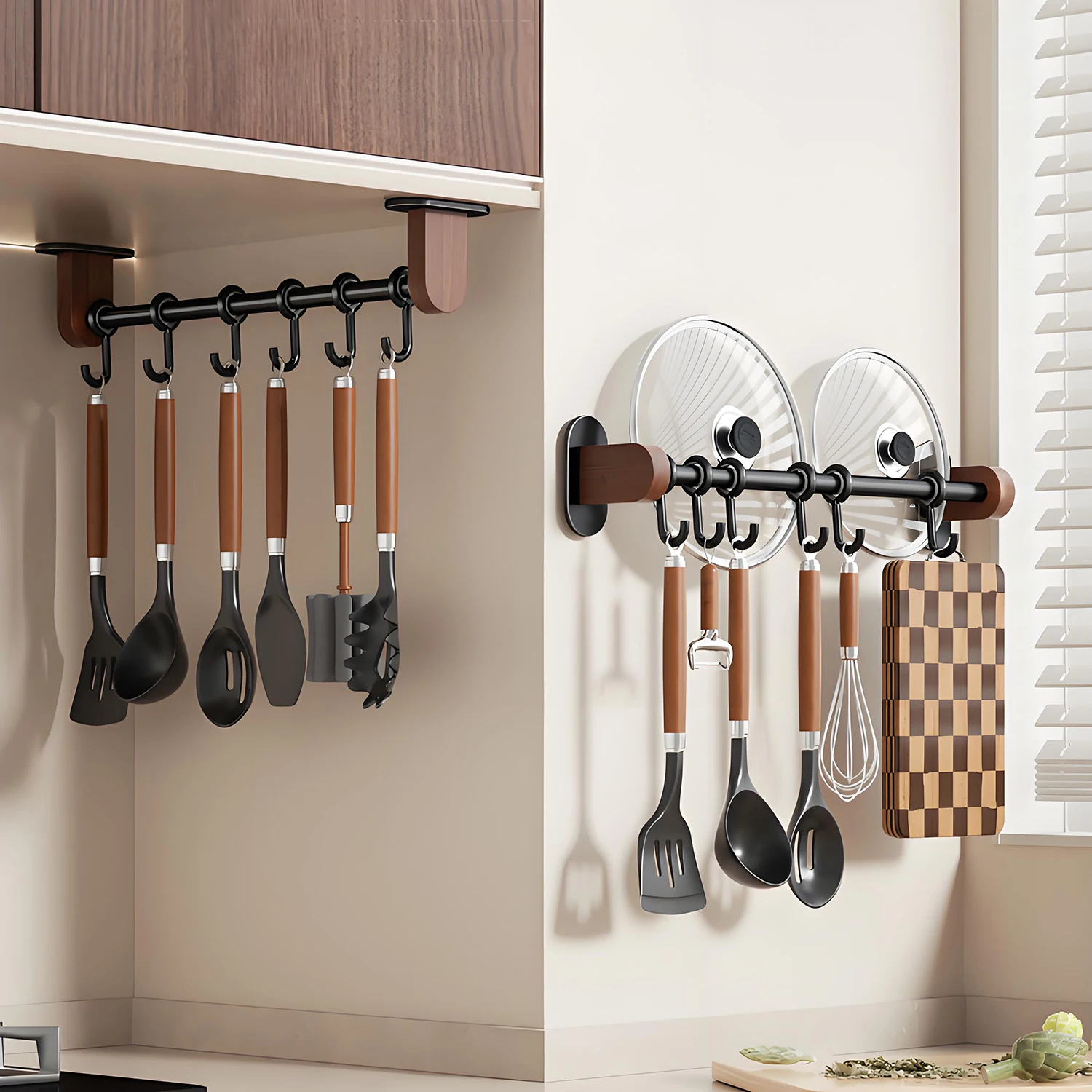 Kitchen Utensil Holder with Hooks, Pots and Pans Organizer Hanging Rack Wall Mounted for Spatula Spoon, Measuring Cups,Coffee Mu