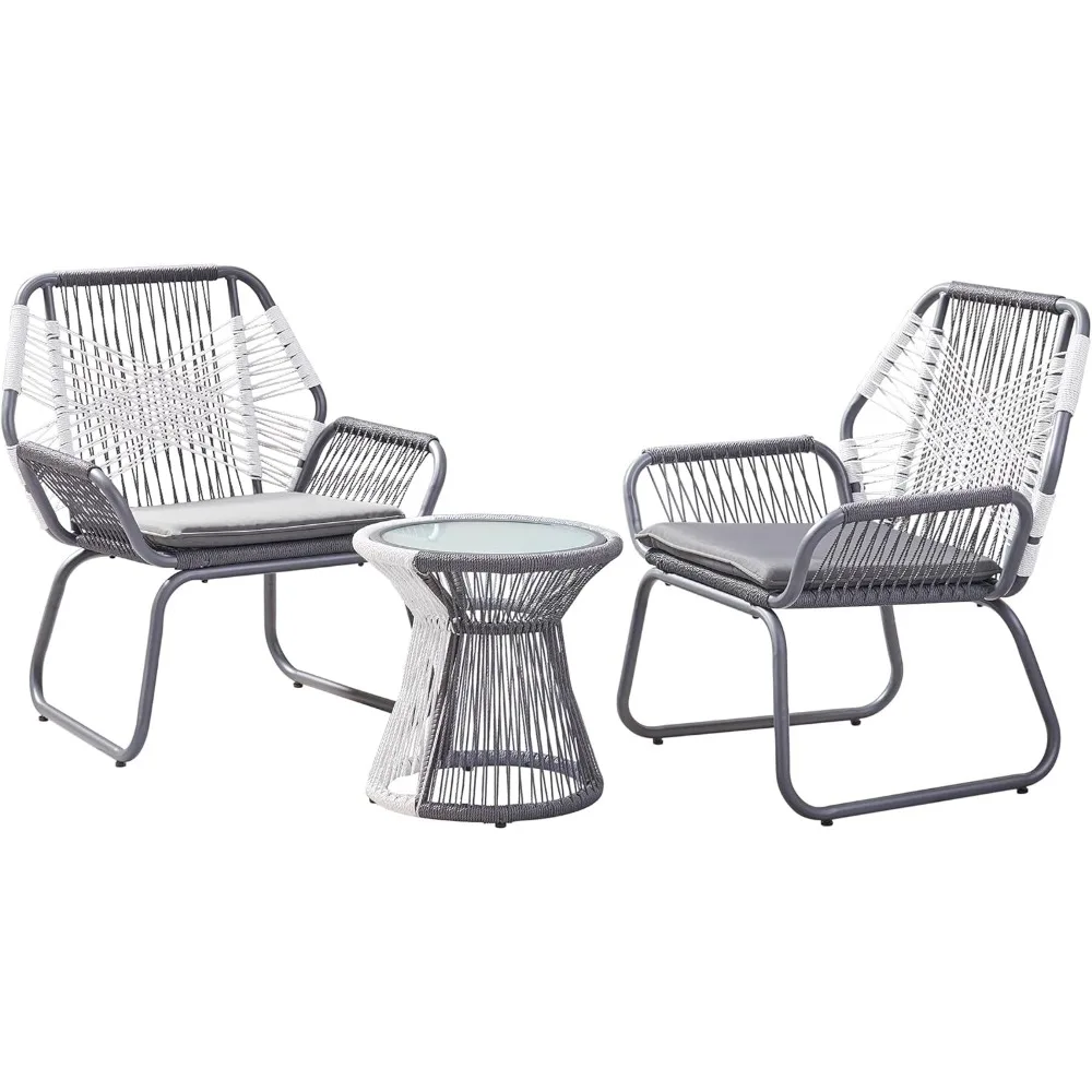 Ava Outdoor 3 Piece Rope and Steel Chat Set, Finish, Gray/White/ outdoor furniture set patio furniture outdoor patio furnitures