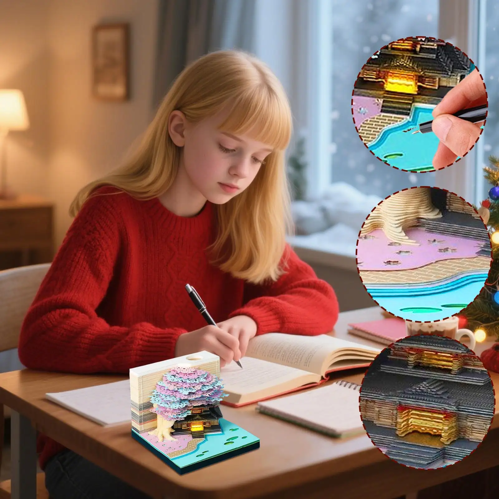 3Dカレンダー 2026年 ティアアウェイカレンダー 花の木の家デザイン アートメモ帳 ライト付き ティアアウェイメモ クラスルーム 休日 通勤用