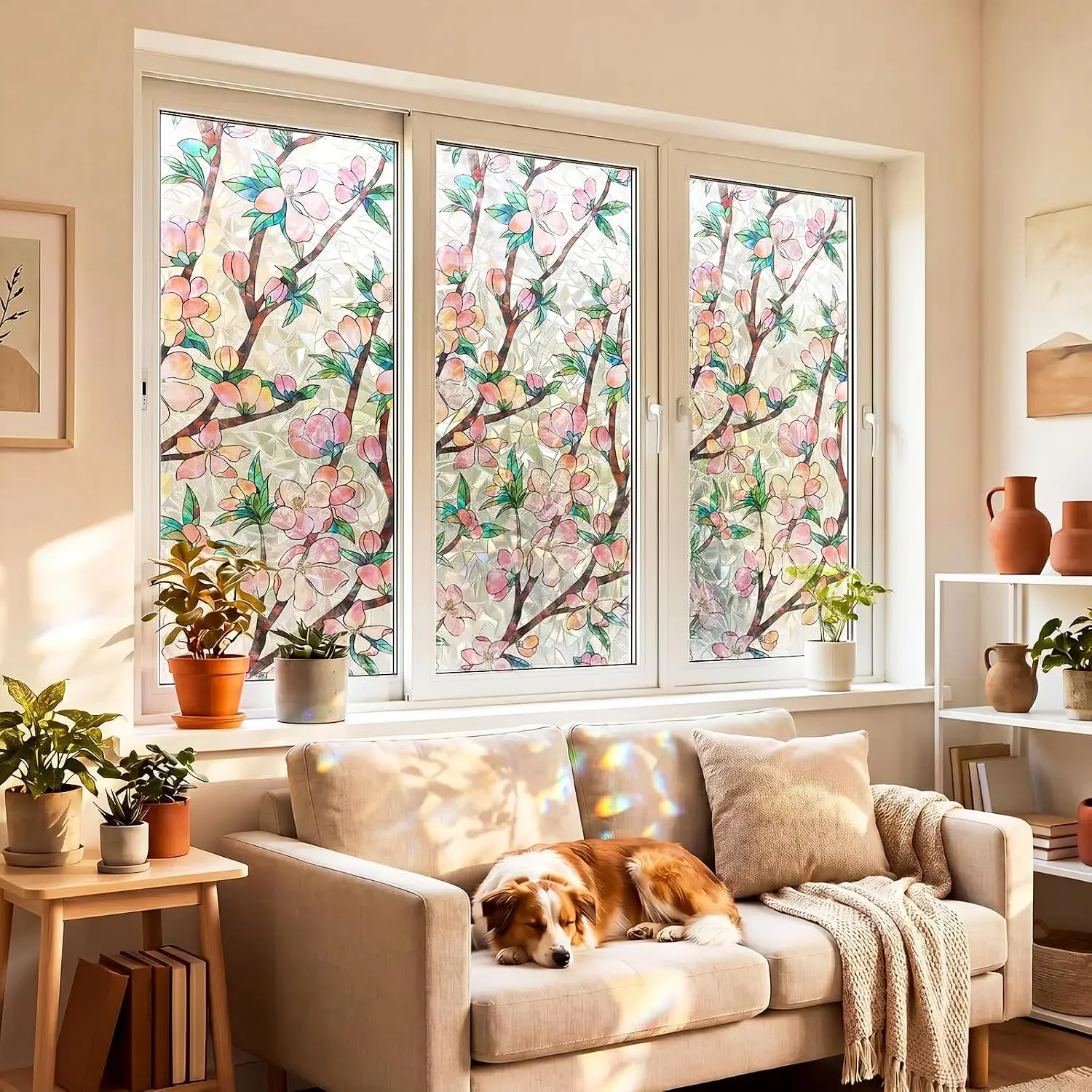 3D Rainbow Stained Glass Window Privacy Film Static Cling Non-Adhesive Heat UV Block Decor Tint For Home Indoor Glass Windowsw23