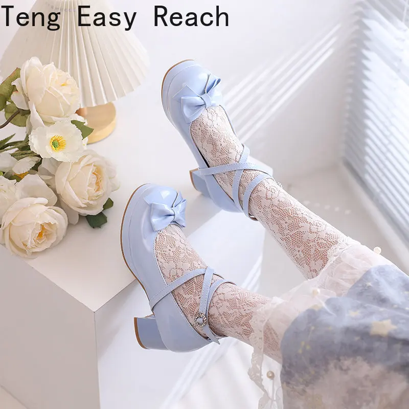 Glossy Patent Leather Lolita Shoes Women Black Blue Beige Bride Wedding Party Strappy Platform Mary Janes Pumps Ankle Strap Heel