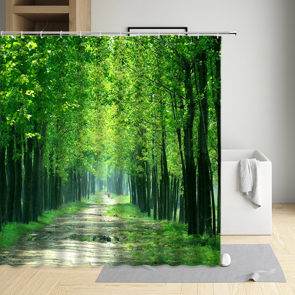 

Forest Tree Shower Curtain Nature Theme Modern Eco-Friendly Waterproof Cloth Bathtub Decor Bath Screen With Hooks