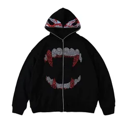 Autumn Fashion Punk Y2k Gothic Grunge Rhinestones Teeth Zip Up Hoodies Long Sleeve Coat Sweatshirt Jacket Streetwear