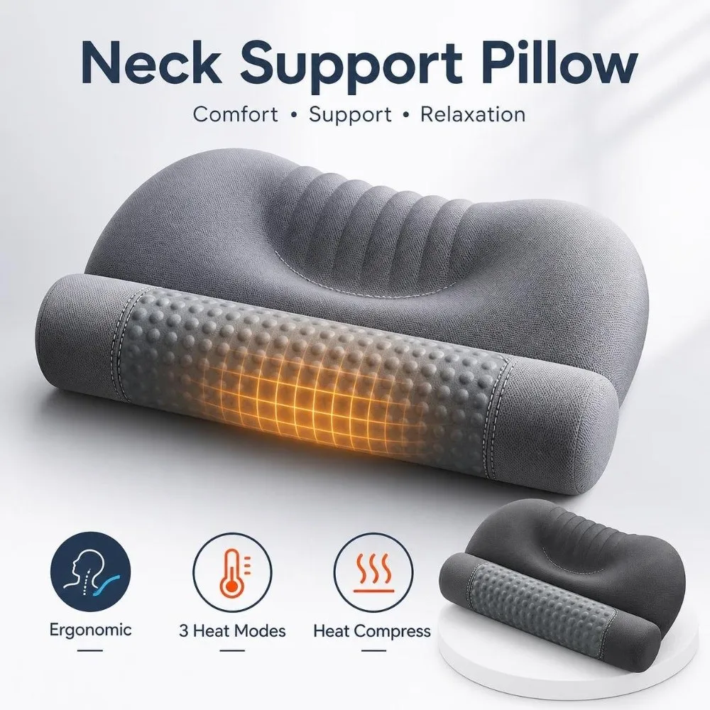 Heating Cervical Pillow Cylindrical Ergonomic Contour Neck Support Cushion 3 Heat Modes Mugwort Heat Compress
